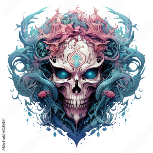 A skull head t-shirt design representing a spiritual theme, with the skull adorned with sacred symbols and surrounded by ethereal beings and celestial beings, Generative Ai