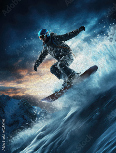 Snowboarder jumping in the snow. 3d illustration. created by generative AI technology.