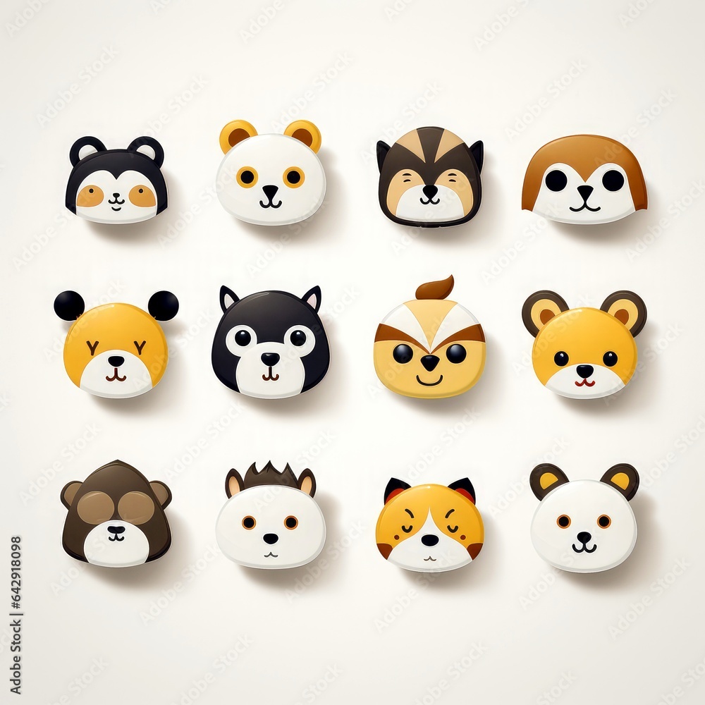 Set of animal faces, face emojis, stickers, emoticons,cartoon funny mascot characters face set Set of animal faces, face emojis, stickers, emoticons,cartoon funny mascot characters face set