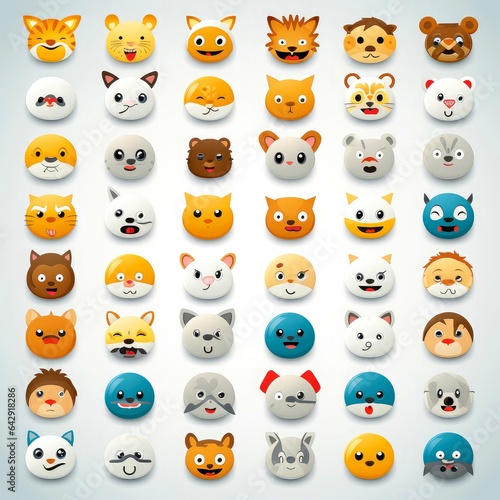 Set of animal faces, face emojis, stickers, emoticons,cartoon funny mascot characters face set