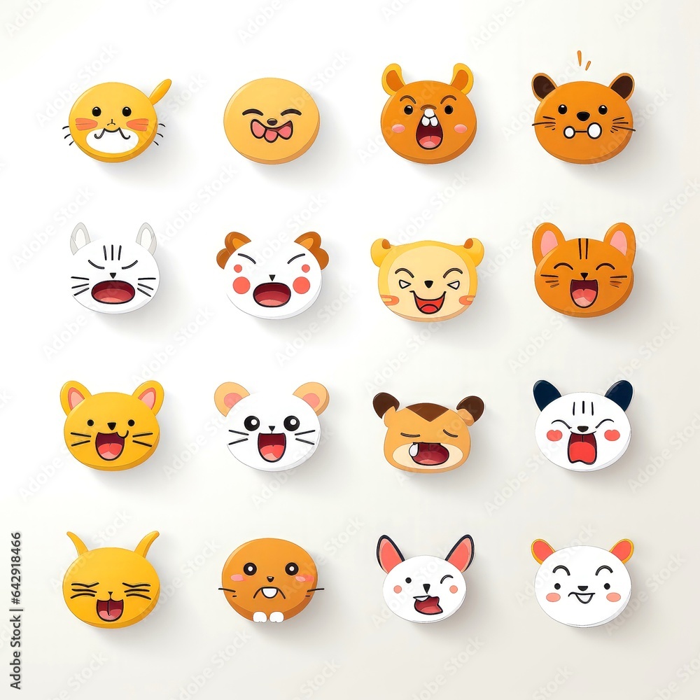 Set of animal faces, face emojis, stickers, emoticons,cartoon funny mascot characters face set Set of animal faces, face emojis, stickers, emoticons,cartoon funny mascot characters face set