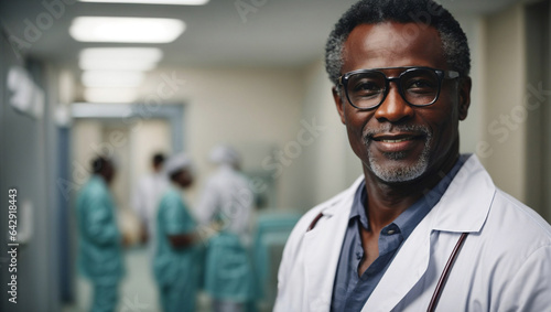 Ritratto di un dottore di origini africane in ospedale, con occhiali, medico professionale, 50 anni photo