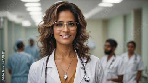 Ritratto di una dottoressa di origini brasiliane in ospedale, con occhiali, medico professionale, 50 anni photo
