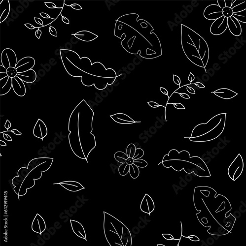 tropical leaf and flower hand drawn line pattern