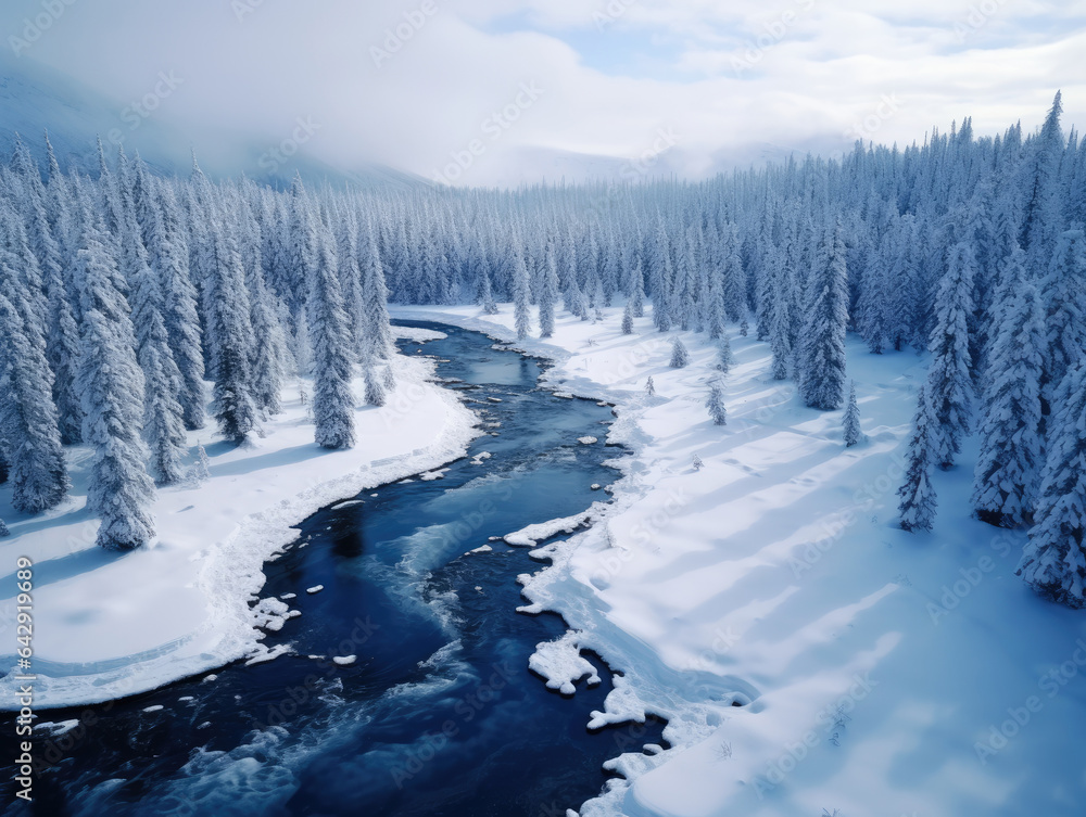Ai generation. River with Chunks of Frozen Ice Surrounded by Snow and Pine Trees Ai generation. River with Chunks of Frozen Ice Surrounded by Snow and Pine Trees