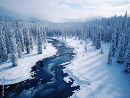 Ai generation. River with Chunks of Frozen Ice Surrounded by Snow and Pine Trees