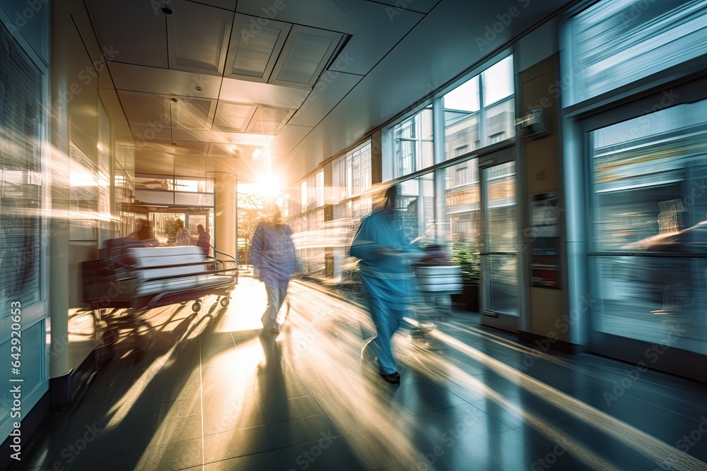 Medical professionals wearing blue scrubs walk down a hospital corridor with a bright light shining through the windows and motion blur effect. Medical professionals wearing blue scrubs walk down a hospital corridor with a bright light shining through the windows and motion blur effect.