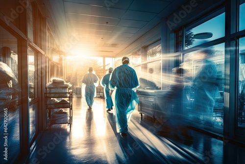 Medical professionals wearing blue scrubs walk down a hospital corridor with a bright light shining through the windows and motion blur effect. photo