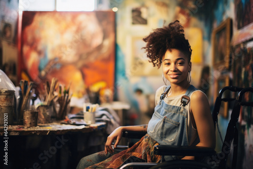 Portrait of disabled female artist on wheelchair in art studio photo