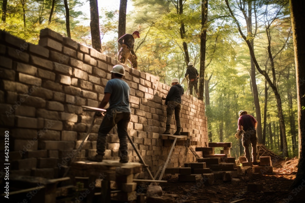 A group of people wearing hard hats are building a brick wall on a slope in a forest.