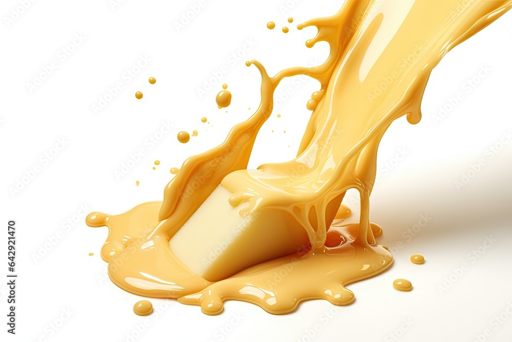 A bright yellow-orange puddle of melted cheese with a glossy texture on a white background. - obrazy, fototapety, plakaty 
