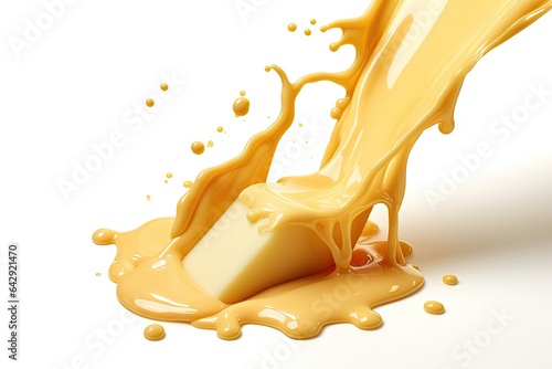 A bright yellow-orange puddle of melted cheese with a glossy texture on a white background. photo