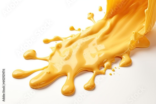 A bright yellow-orange puddle of melted cheese with a glossy texture on a white background.