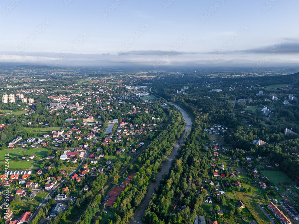 Ustron Aerial View. Scenery of the town and health resort in Ustron on the hills of the Silesian Beskids. Poland.