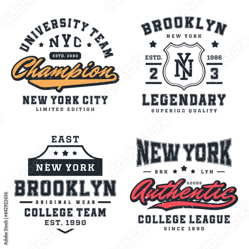 New York, Brooklyn t-shirt design collection. T-shirt print design in American college style. Athletic typography for tee shirt print in university and college style. Vector