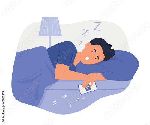 Man Sleeping in Bed with Mobile Phone in Hand and Snoring at Night Concept Illustration