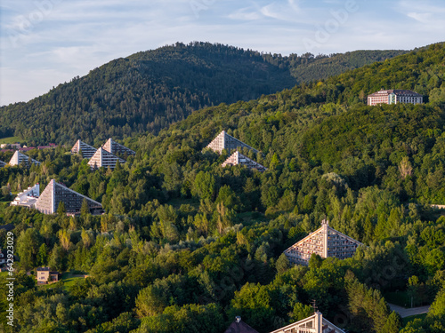 Fototapeta Naklejka Na Ścianę i Meble -  Ustron Aerial View. Scenery of the town and health resort in Ustron on the hills of the Silesian Beskids. Poland.