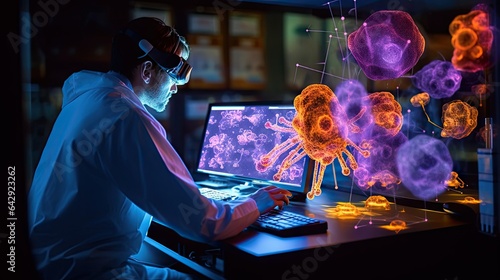 a scientist looking at an x - ray image on a computer screen in front of his lab coat and headphones