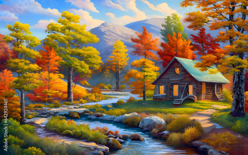 A Cozy Wooden Cabin Surrounded by Autumn Leaves