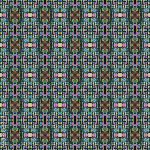 Shibori pattern. Ikat textile. Tie dye print. Multicolored seamless stencil. Moroccan tile. Folk geometric ornament. Japanese shibori pattern. Watercolor batik paint  silk fabric. Ethnic carpet motif