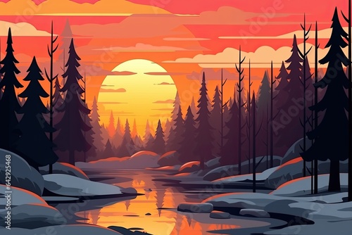 sunset in winter forest landscape by lake illustration