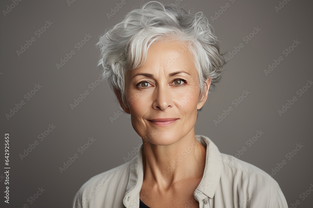 a clean studio portrait of a gorgeous middle-aged caucasian woman with blond silver hair in white blouse looking into the camera smiling, grey background