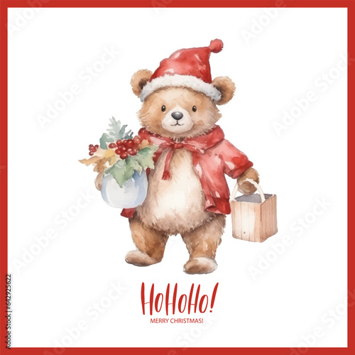 Cute watercolor christmas plush teddy bear with gift boxes. HOHOHO Merry Christmas calligraphy card. Template for New Year Card, Scrapbooking, Sticker, Planner, Invitation.