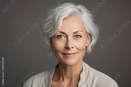 a clean studio portrait of a gorgeous middle-aged caucasian woman with blond silver hair in white blouse looking into the camera smiling  grey background