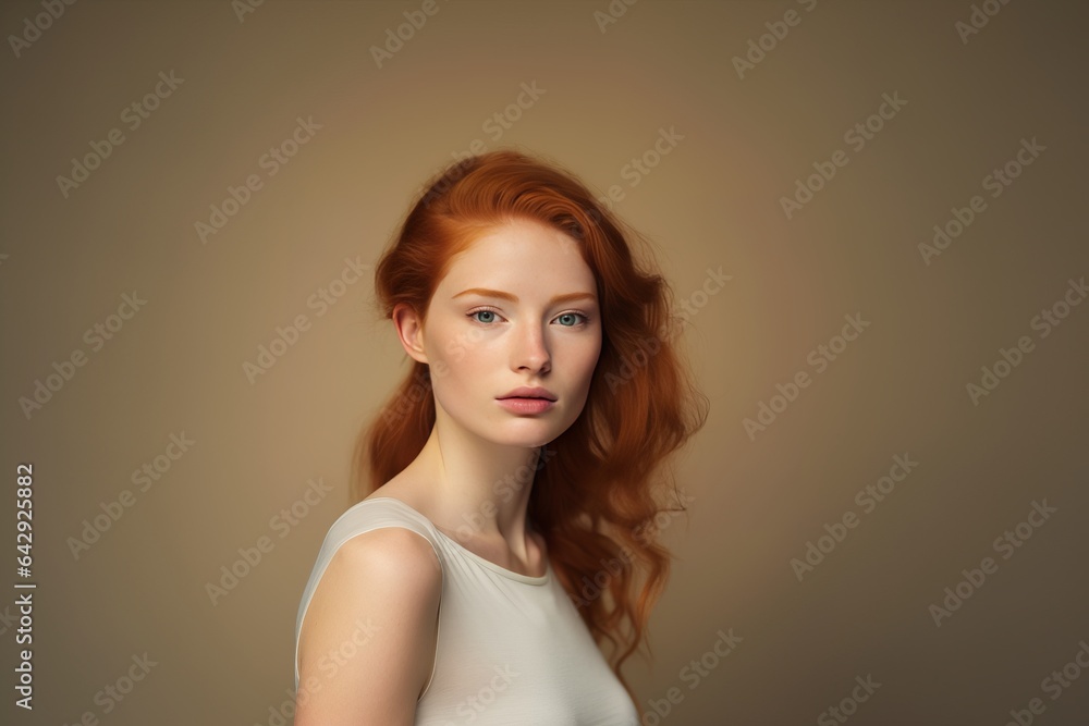 a clean studio portrait of a gorgeous young caucasian woman with red hair in white blouse looking into the camera smiling, grey beige colored background a clean studio portrait of a gorgeous young caucasian woman with red hair in white blouse looking into the camera smiling, grey beige colored background