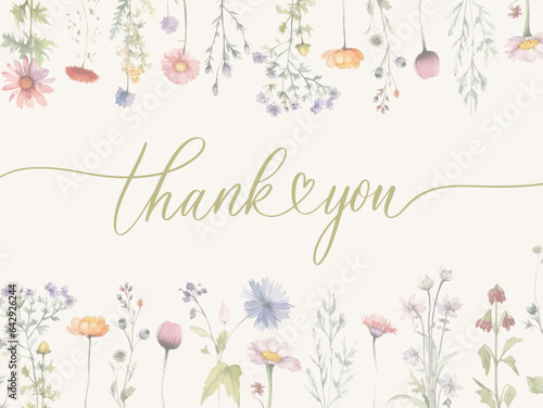 Thank you card. Calligraphy with watercolor wild herbs and flowers. Abstract floral art background vector design for wedding invitation and vip cover template.