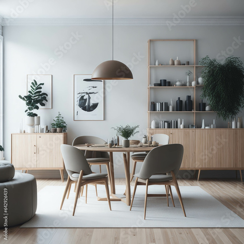 Scandinavian Mid-Century Modern Home Design Living Room, Round Dinning Table and Chairs, Sofa and Cabinet Near Wall, Mock Up Frame Art Posters, Generative AI