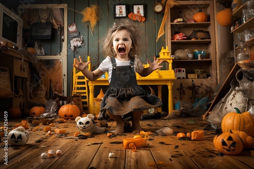 a playful hyperactive cute toddler child misbehaving and making a huge mess in a living-room full of halloween decoration, orange pumpkin jack o'lanterns, throwing around sand and mud. Studio light.