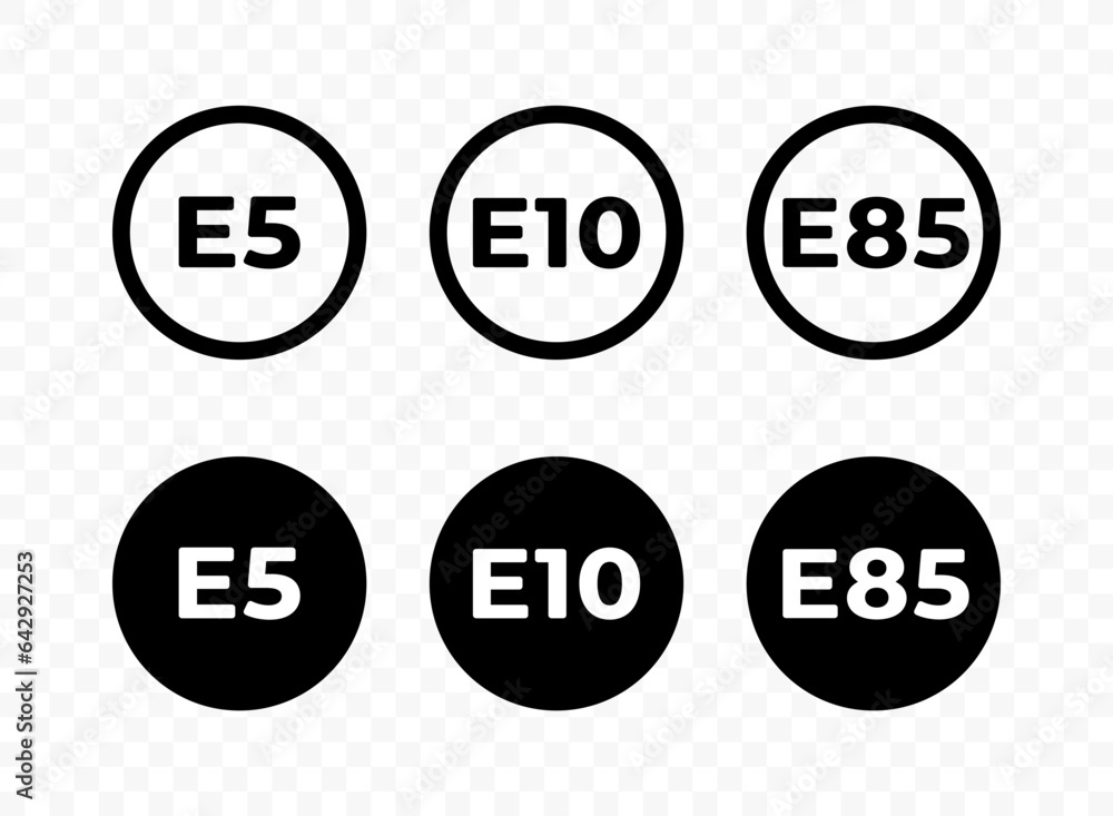 Marking of gasoline fuel types E5, E10, E85 vector design. Petrol type