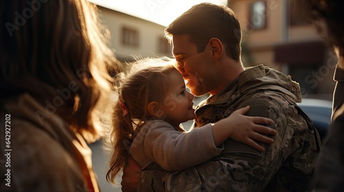 A tearful reunion of a model soldier returning home, being greeted by family