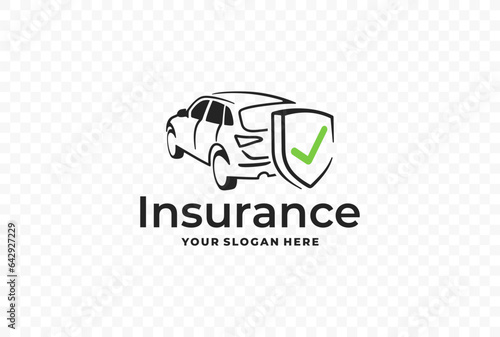 Car insurance and safety assurance logo design. Car with shield and check mark vector design