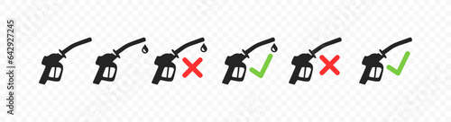 Gasoline pistol pump nozzle with drop oil, checkmark and cross vector design. Petrol gas pump gun, oil industry and refuel service graphic design