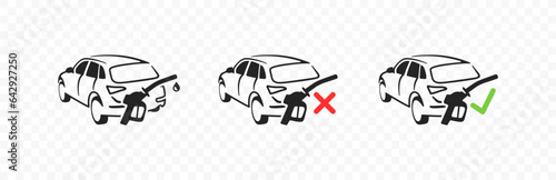 Car with gasoline pistol pump nozzle, drop oil, checkmark and red cross vector design. Petrol gas pump gun and refuel service graphic design