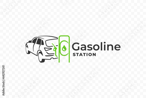Fuel nozzle to refuel the car logo design. Gasoline fuel nozzle and vehicle at petrol station vector design