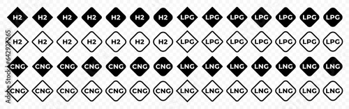 Marking of gas fuel types: H2, CNG, LPG, LNG vector design. Gaseous type of fuel labeling in the rhombus graphic design