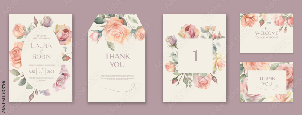 Wedding Invitation Card Design with watercolor garden roses.