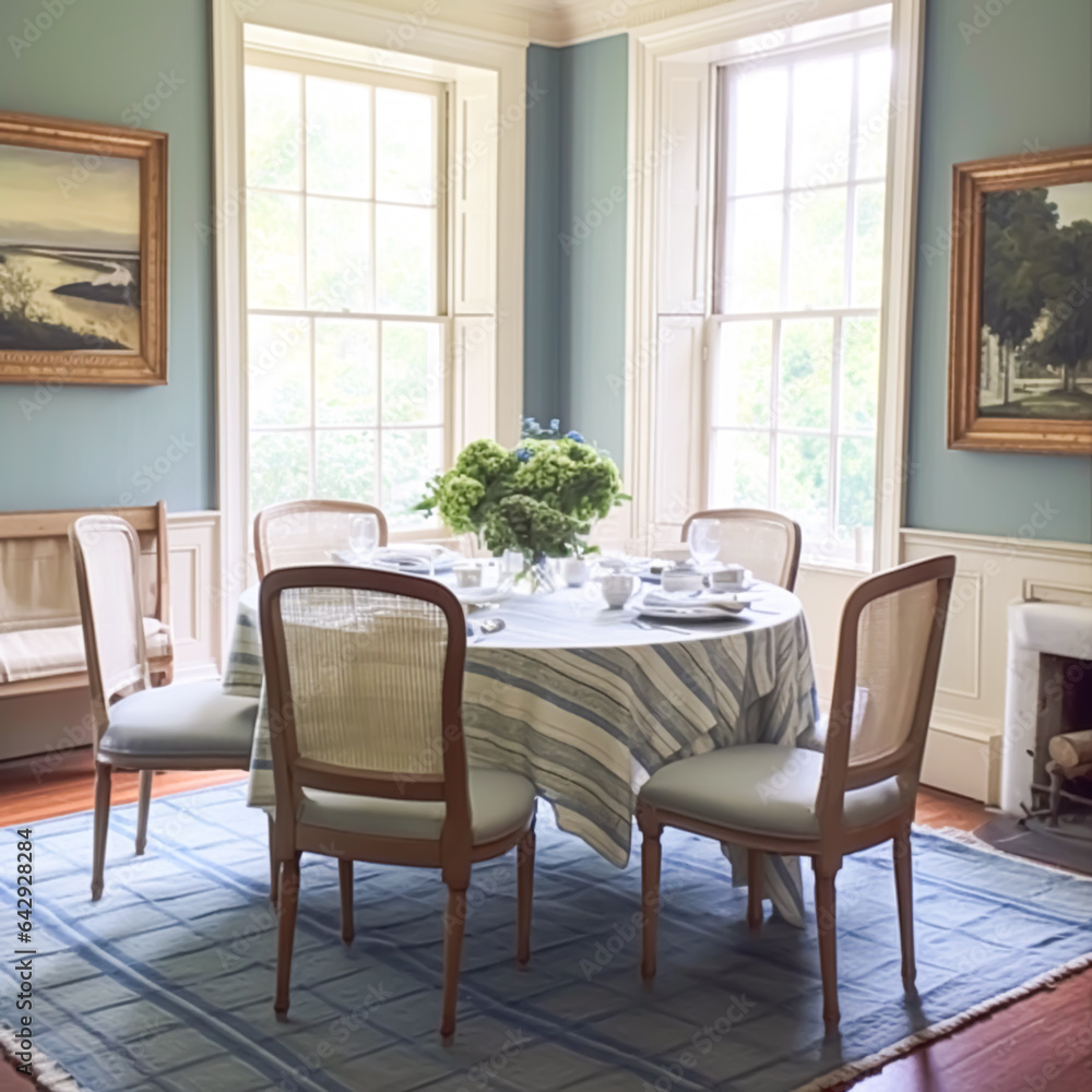 Fototapeta premium Dining room decor, interior design and house improvement, elegant table with chairs, furniture and classic blue home decor, country cottage style