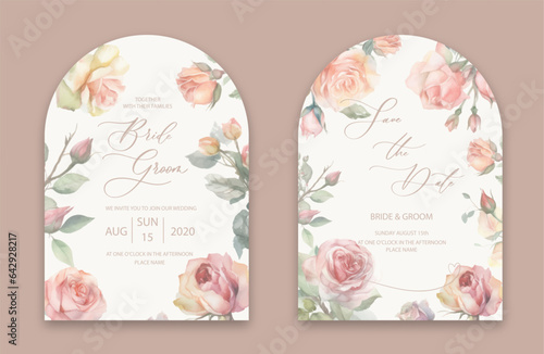 Luxury arch wedding invitation card background with watercolor garden roses flowers. Abstract floral art background vector design for wedding and vip cover template.