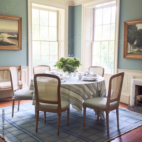Dining room decor  interior design and house improvement  elegant table with chairs  furniture and classic blue home decor  country cottage style