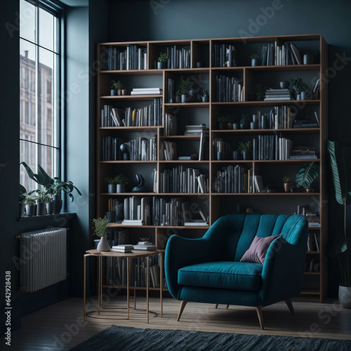 Scandinavian Style Interior Living Room, Large Bookcase And  Cosy Armchairs, Reading Space, Generative Ai © Phoenix_Renders
