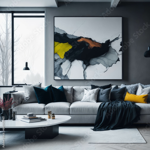 Modern Living Room Interior Design, Cozy Sofa With Pillows And Large Mock Up Frame Poster Art, Generative Ai