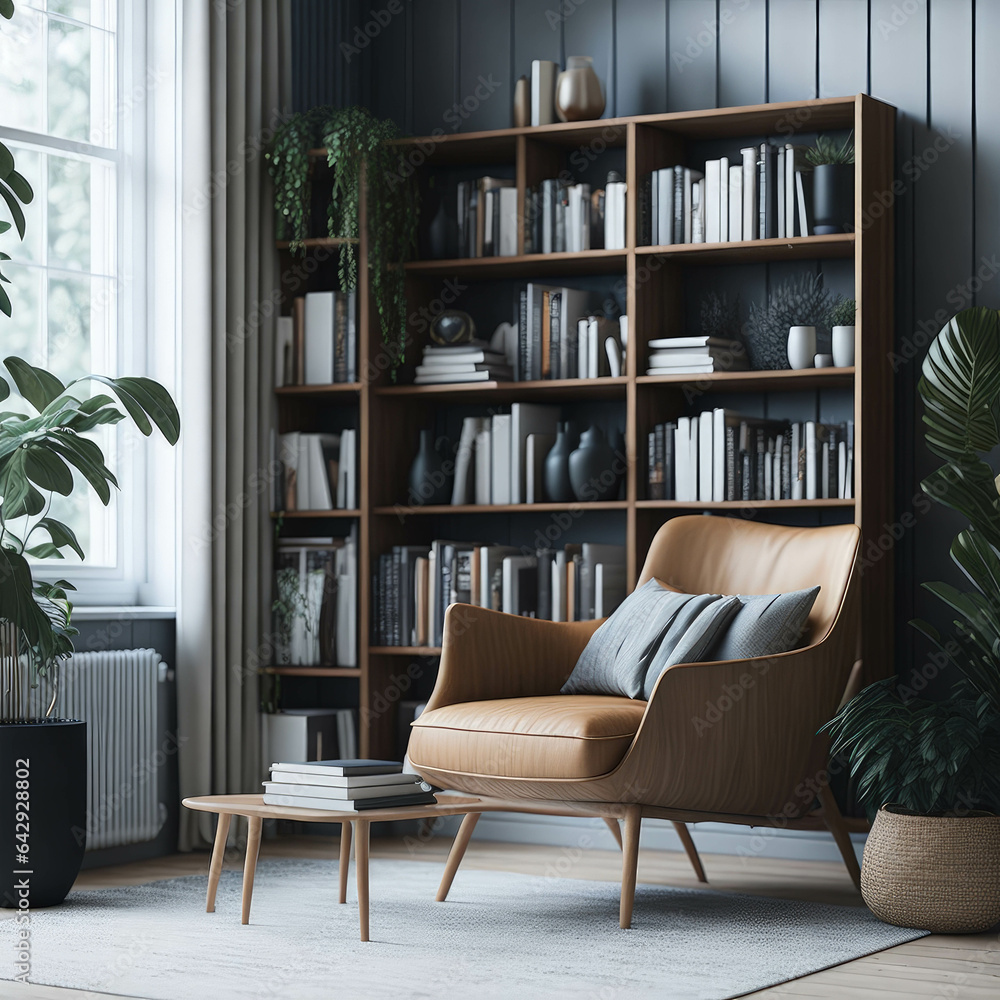 Fototapeta premium Scandinavian Style Interior Living Room, Large Bookcase And Cosy Armchairs, Reading Space, Generative Ai