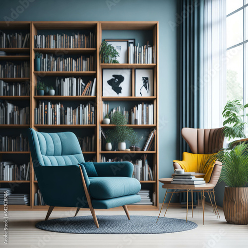Scandinavian Style Interior Living Room, Large Bookcase And Cosy Armchairs, Reading Space, Generative Ai
