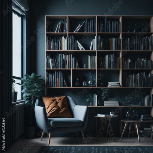 Scandinavian Style Interior Living Room, Large Bookcase And Cosy Armchairs, Reading Space, Generative Ai