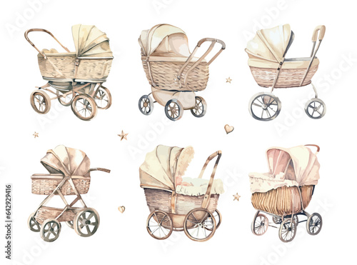 Newborn Baby clipart set Watercolor baby retro stroller wicker.