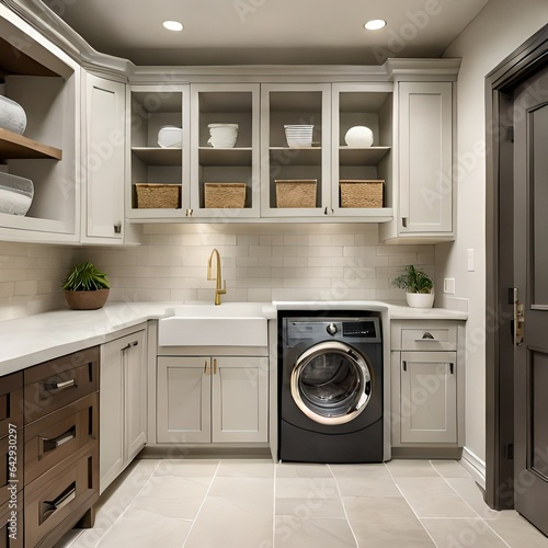 A remodeled laundry room and mud room with new appliances, tiled floor, and bench with cabinets above.AI gnerated
